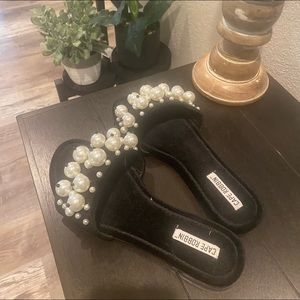 Black Velvet Slip-On Slides w/ Large White Pearl Beading Design